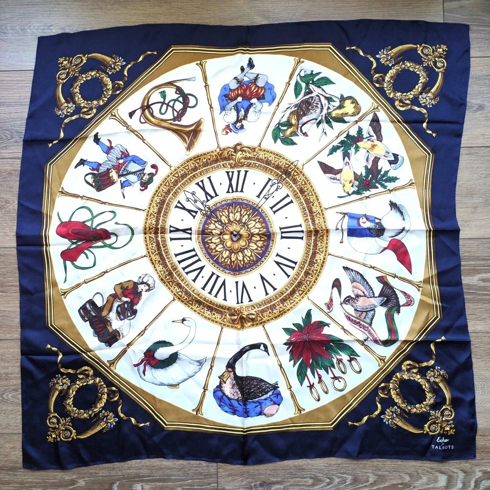 Echo for Talbots Silk Holiday Scarf 12 Days of Christmas Silk Clock Navy Blue